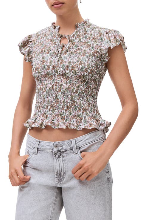 Floral Cap Sleeve Smocked Crop Top