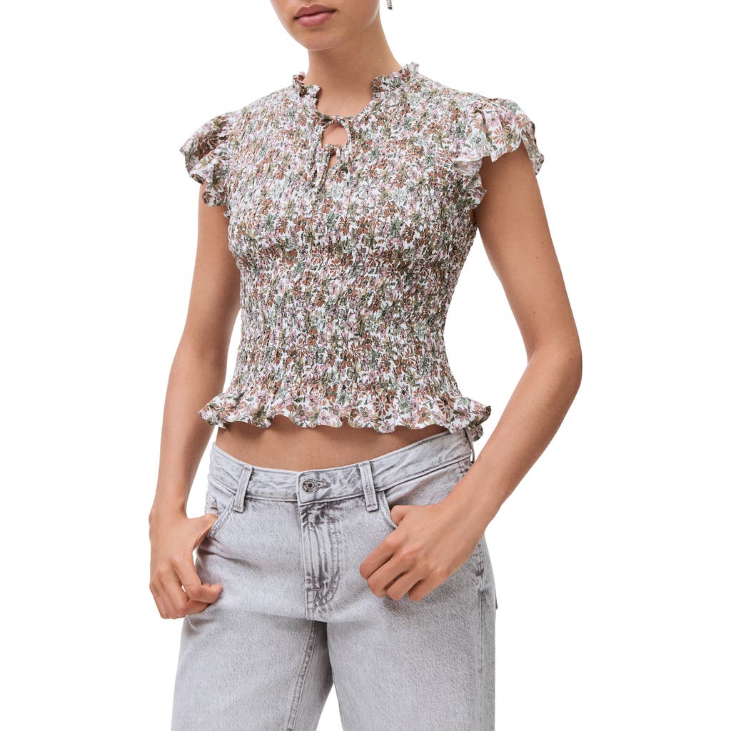 Mango Teen Floral Cap Sleeve Smocked Crop Top In Gray