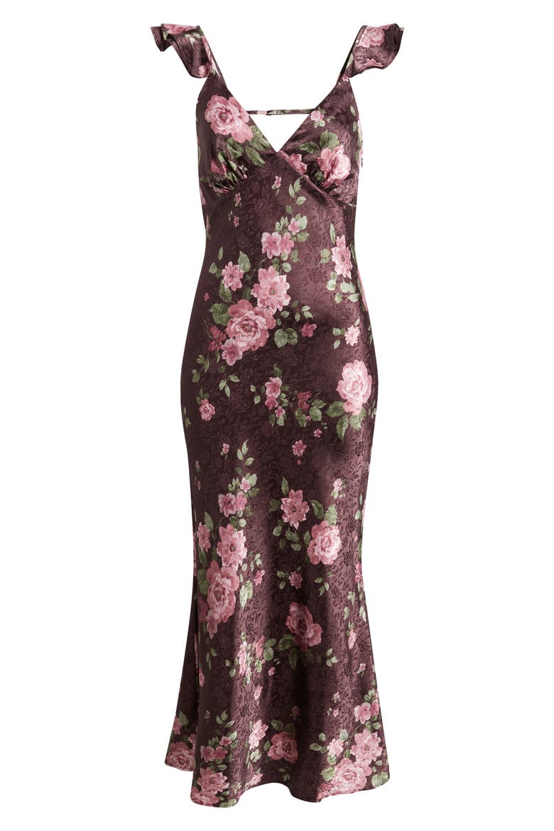 Floral Satin Flutter Sleeve Maxi Dress, Alternate, color, BURGUNDY FLORAL