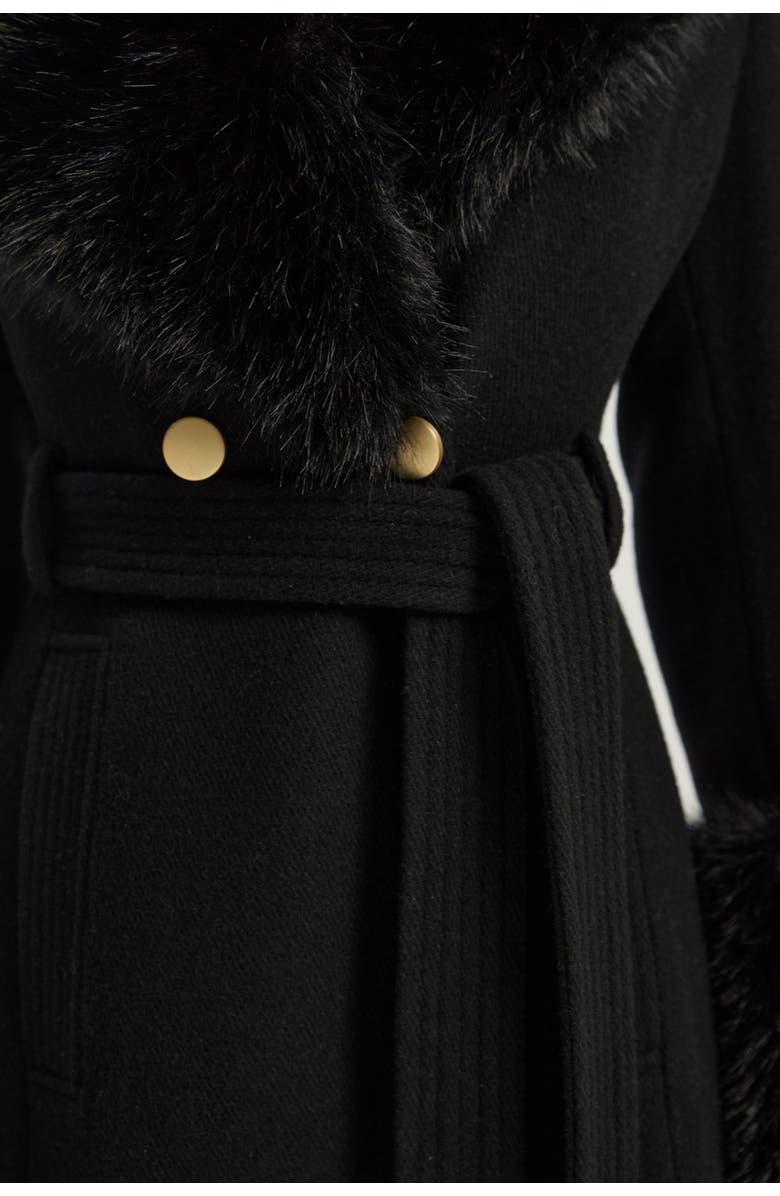 Karen Millen Wool Detachable Fur Belted Midi Coat, Alternate, color, Black