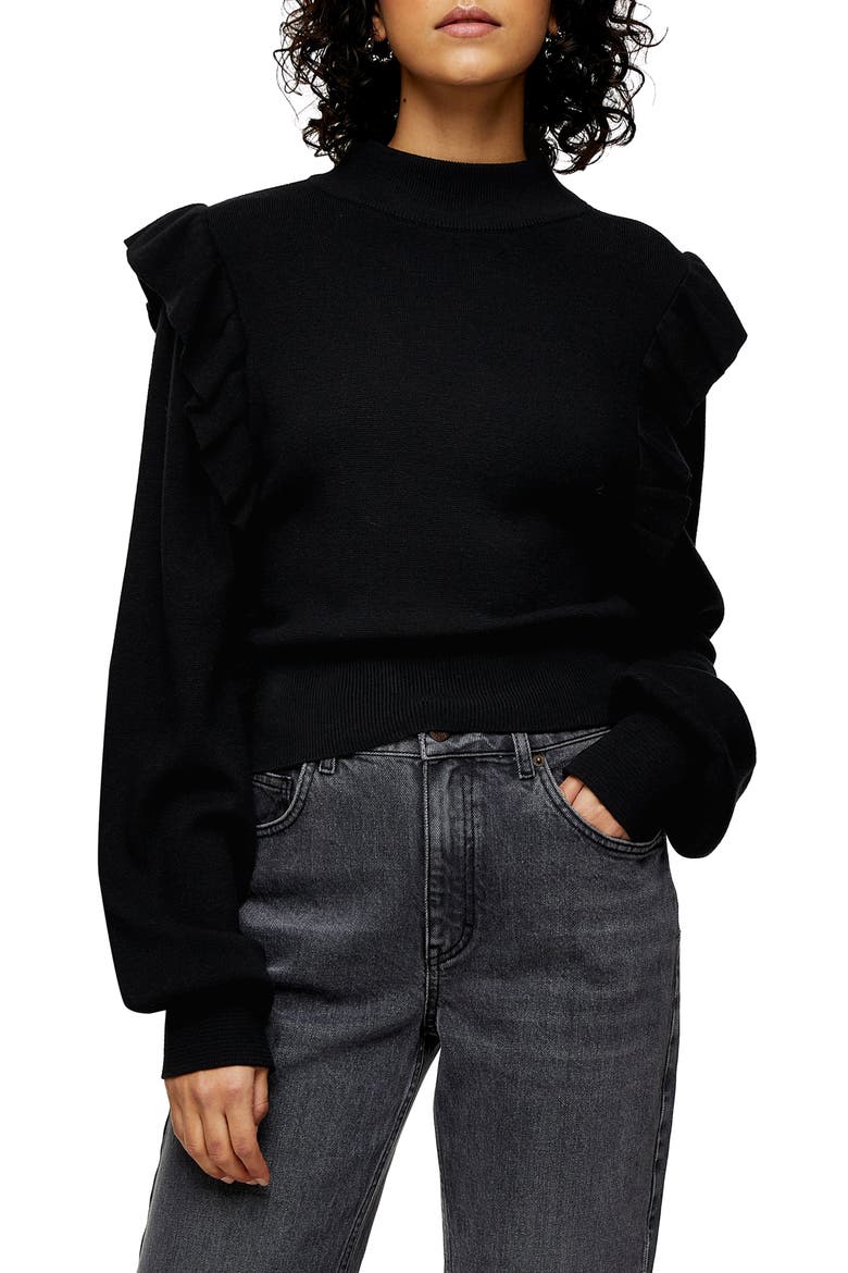 Ruffle Mock Neck Sweater, Main, color, BLACK