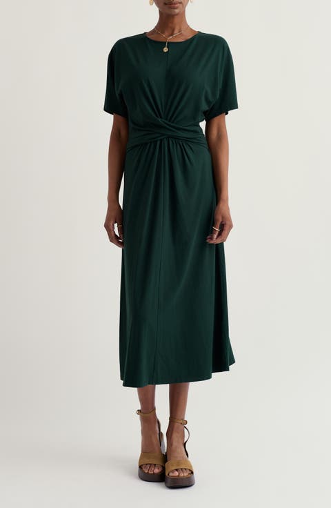 Water Mint Twist Front Organic Cotton Blend Midi Dress