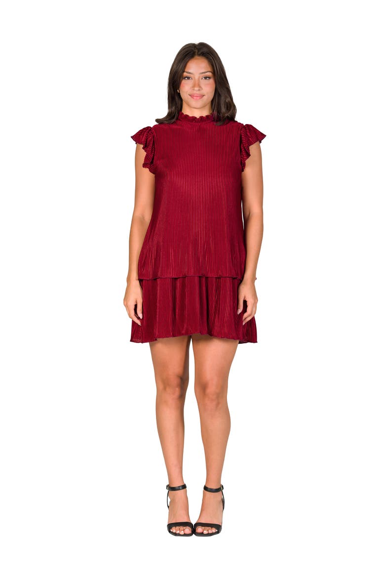 Petites Ruffle Cap Sleeve High Neck Pleated Tiered Mini Dress, Main, color, Wine
