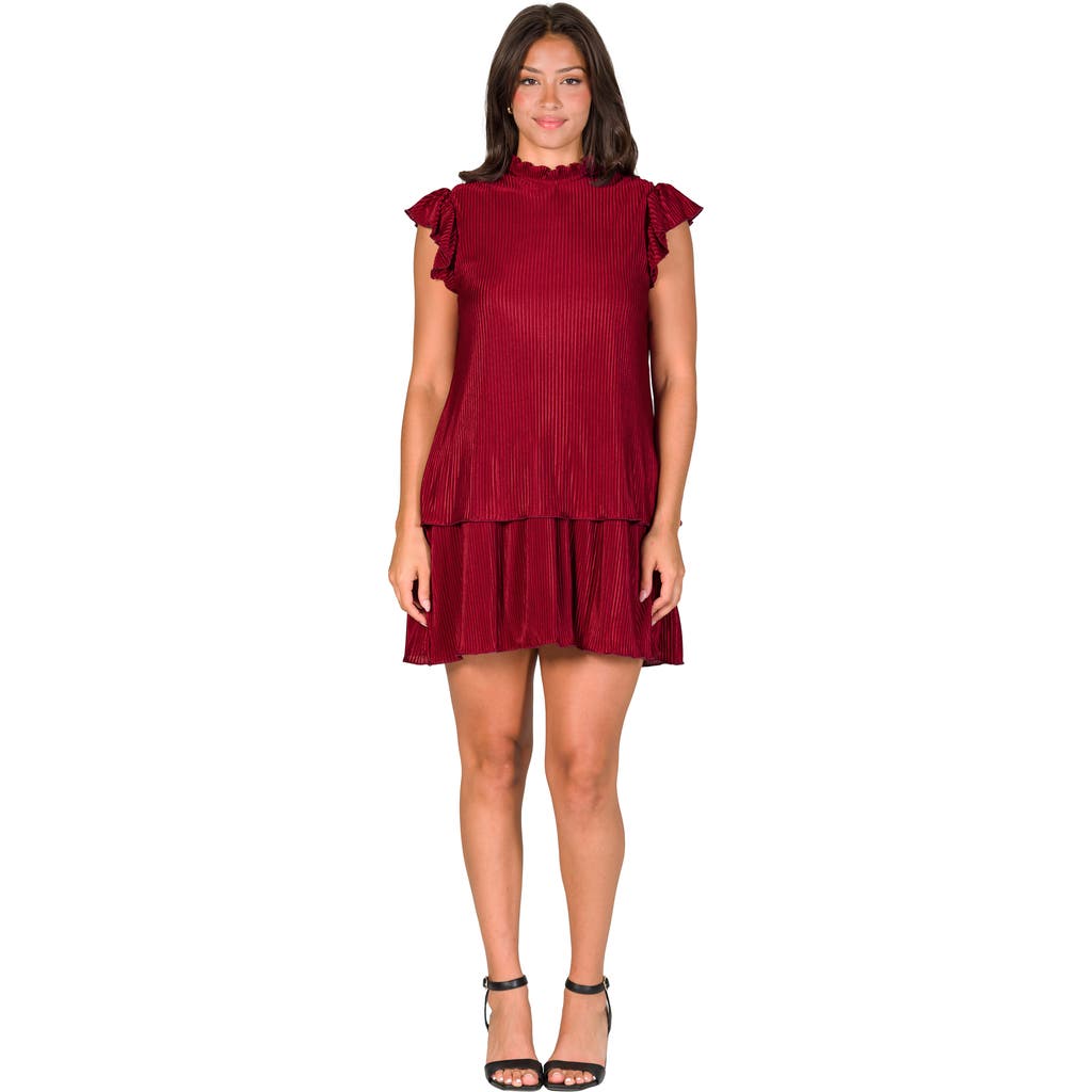 24seven Comfort Apparel Micropleat Tiered Minidress In Burgundy
