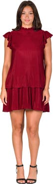 24seven Comfort Apparel Petites Ruffle Cap Sleeve High Neck Pleated Tiered Mini Dress