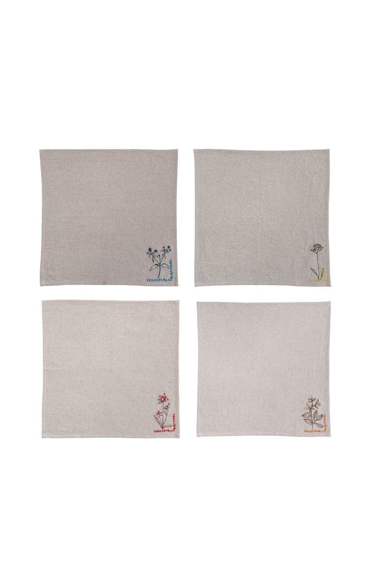 Storied Home 18 Inches Square Cotton and Linen Napkins with Flower Embroidery and French Knot Design for Party and Kitchen, Set of 4, Main, color, Natural