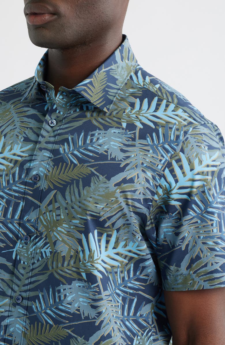 Bugatchi Orson Shaped Fit Leaf Print Camp Shirt, Alternate, color, Navy