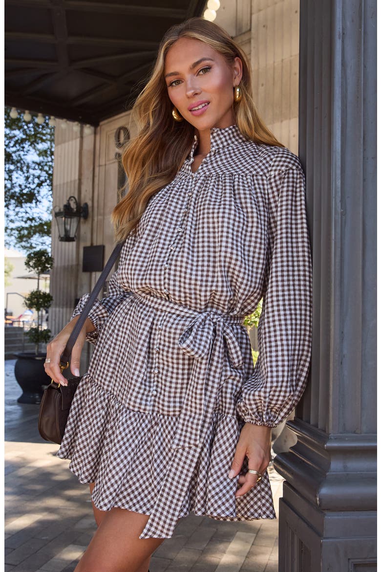 Sweet Autumn Plaid Belted Long Sleeve Mini Shirtdress, Alternate, color, BROWN/ CREAM