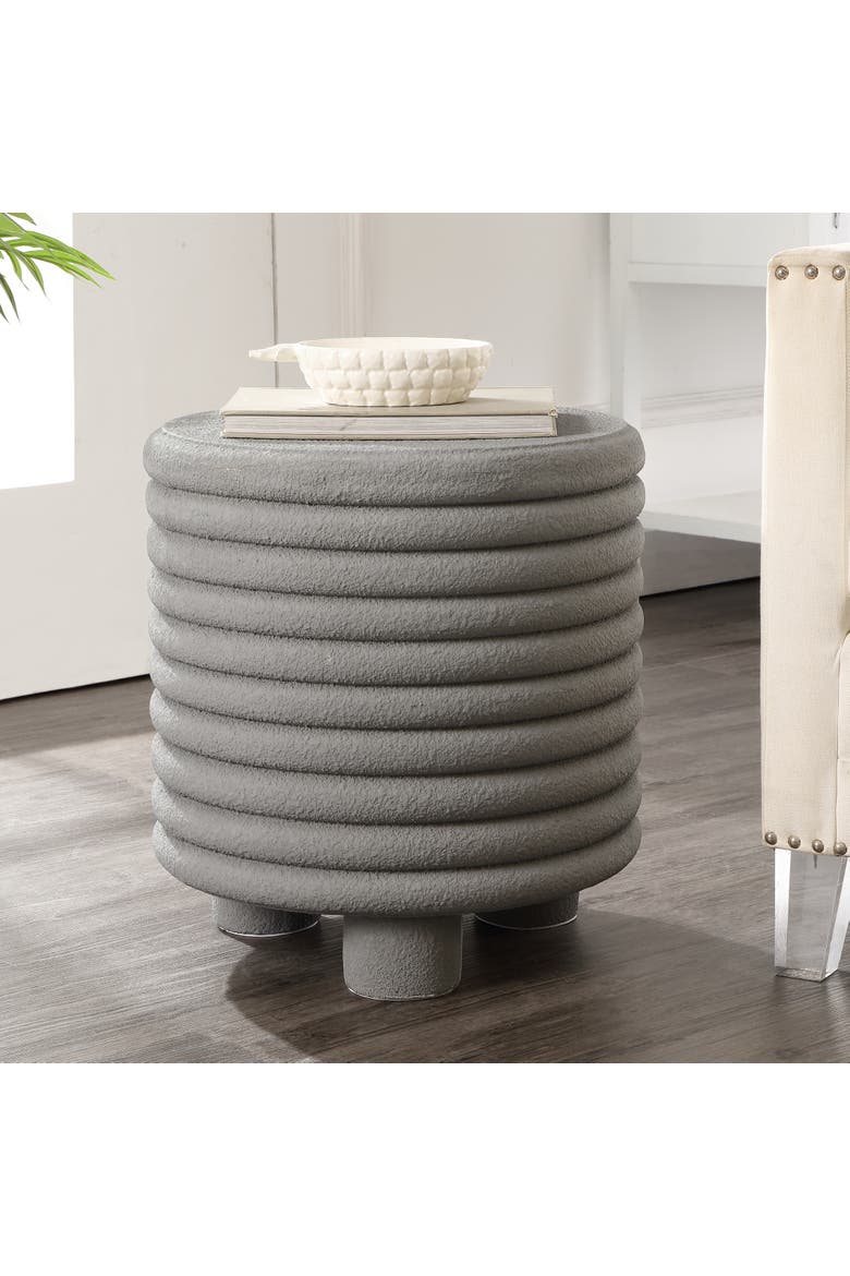 Evans Modern Ribbed Drum Polyresin Outdoor Accent Table and Garden Stool, Weather-Resistant Footed Patio Side Table, Alternate, color, Gray Frosted