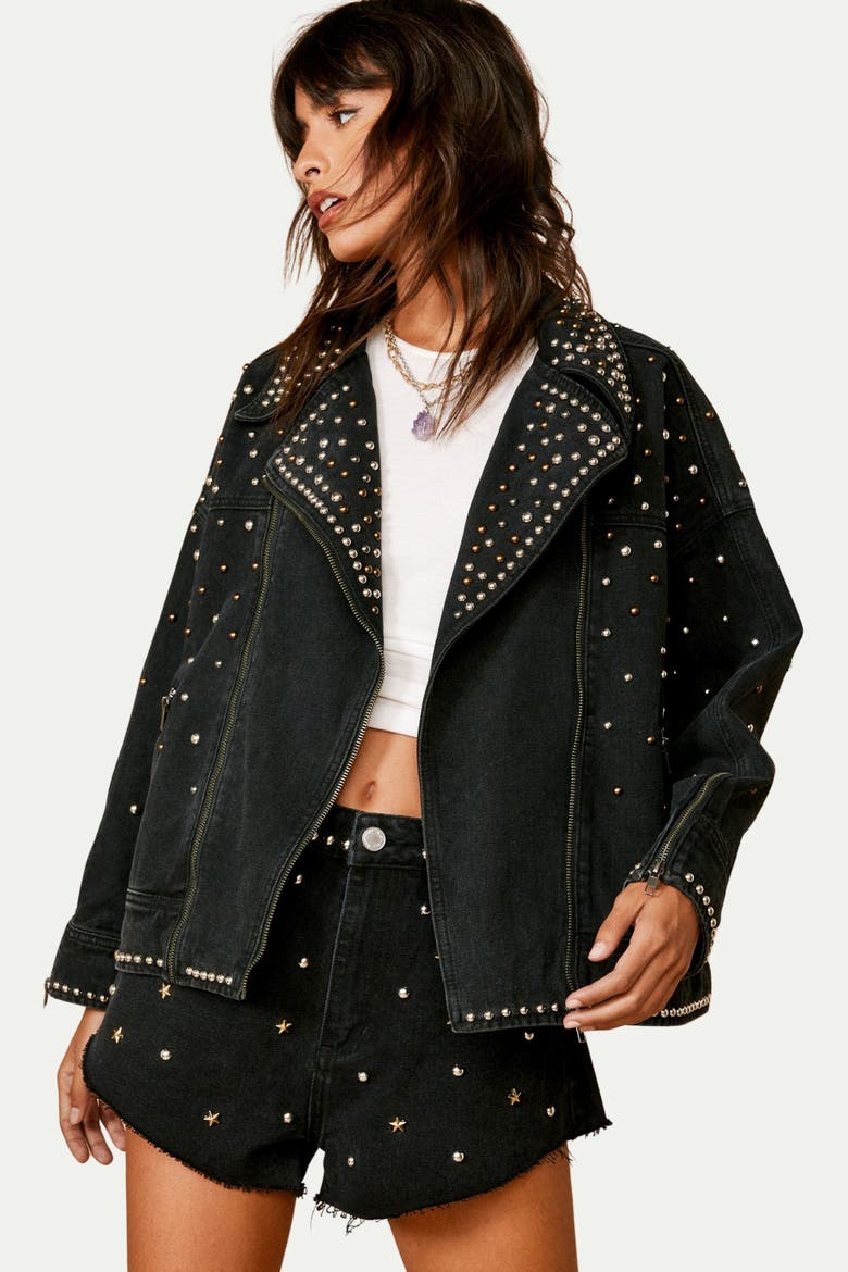 Studded Denim Biker Jacket, Main, color, Black