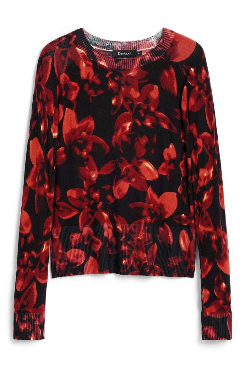 Floral Crewneck Sweater, Alternate, color, BLACK