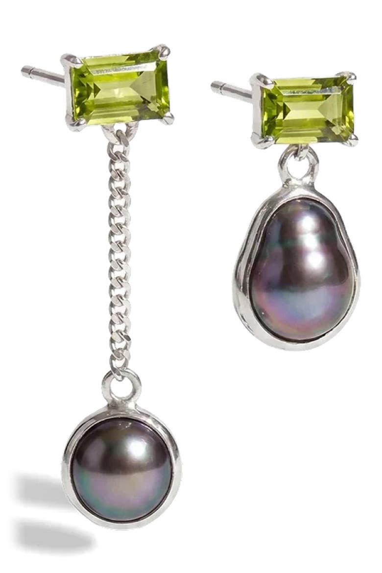Spellbound Molten Pearl Mismatched Drop Earrings, Main, color, METALLIC SILVER