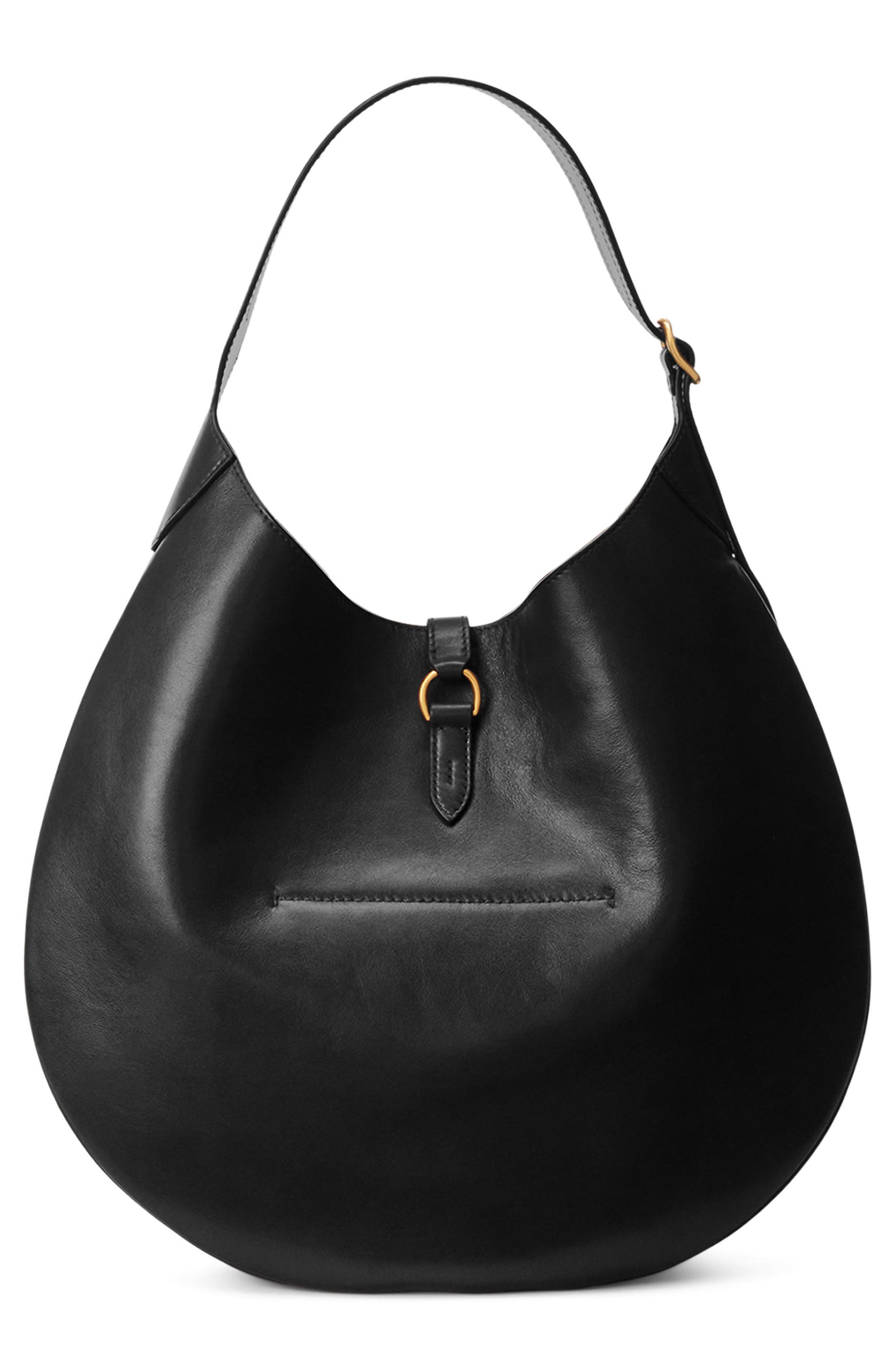 Polo Ralph Lauren Large Polo ID Leather Shoulder Bag, Alternate, color, Black