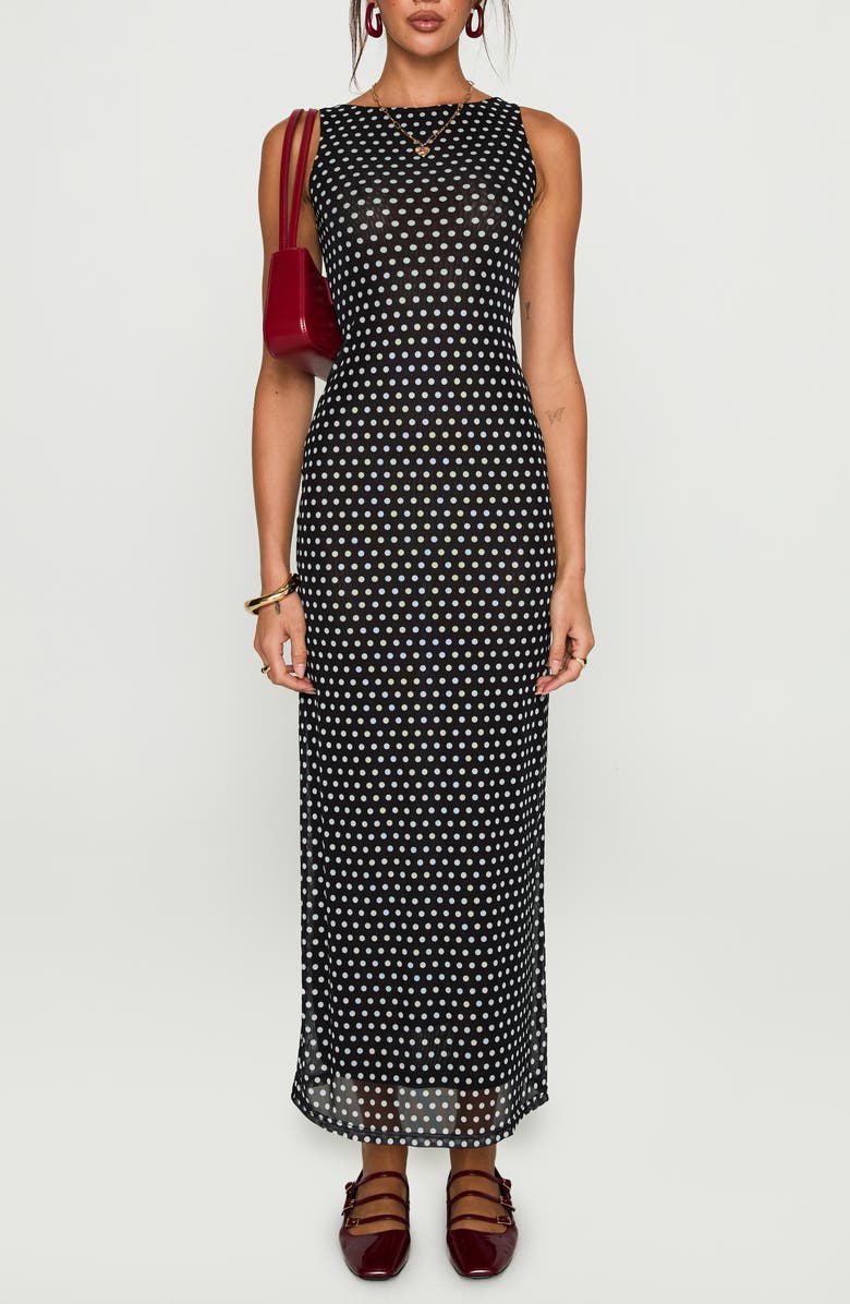 Princess Polly Top of Mind Polka Dot Mesh Maxi Dress, Main, color, Black