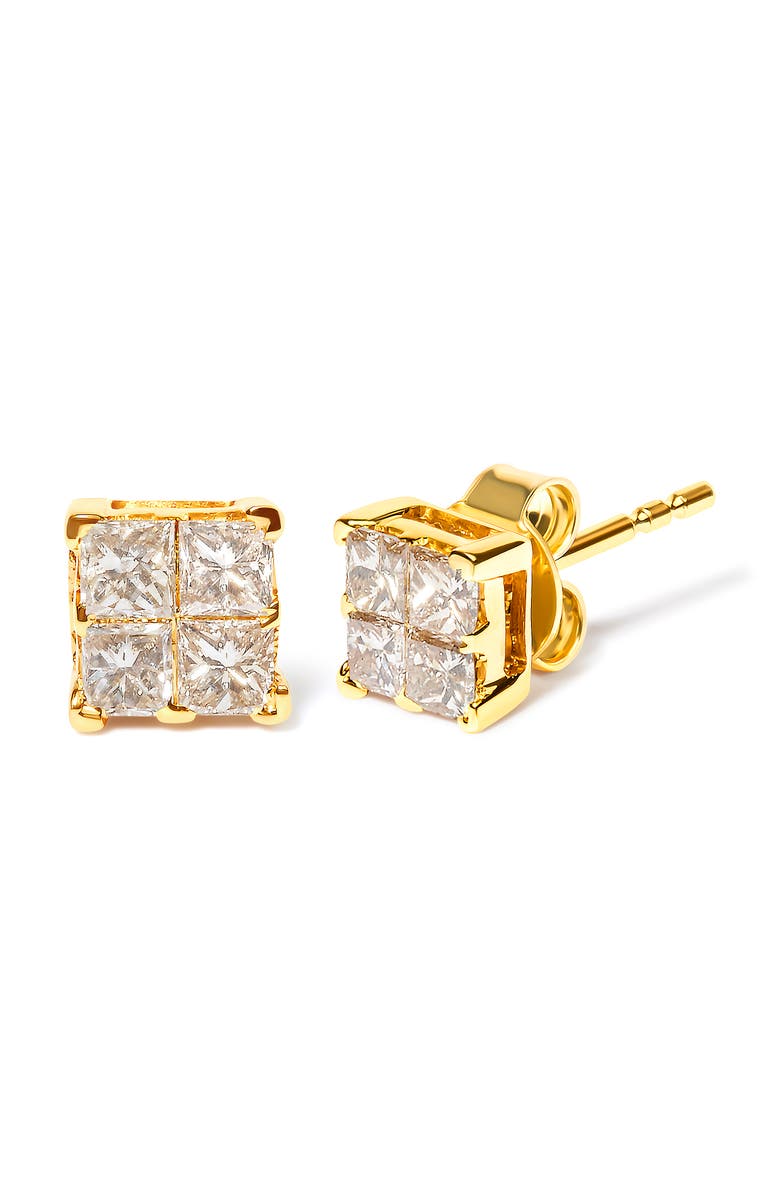 Haus of Brilliance 14K Yellow Gold 3/4 Ct Invisible Princess 4 Stone Square Stud Earrings, Alternate, color, Yellow