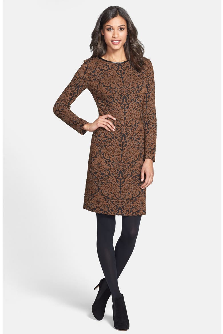 Long Sleeve Jacquard Sheath Dress, Alternate, color, BLACK/ BROWN