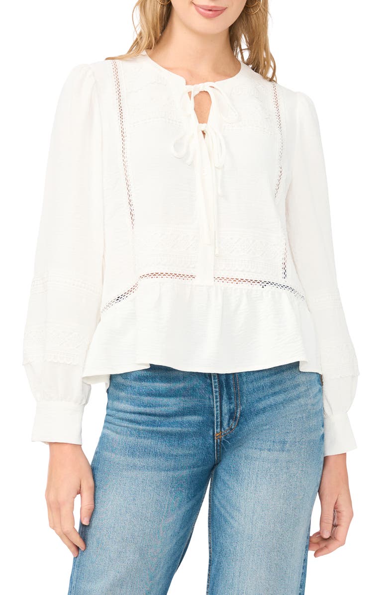 Vince Camuto Lace Yoke Tie Front Long Sleeve Top, Main, color, Ultra White