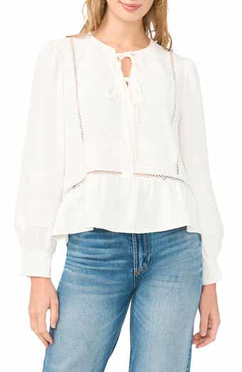 Lace Yoke Tie Front Long Sleeve Top