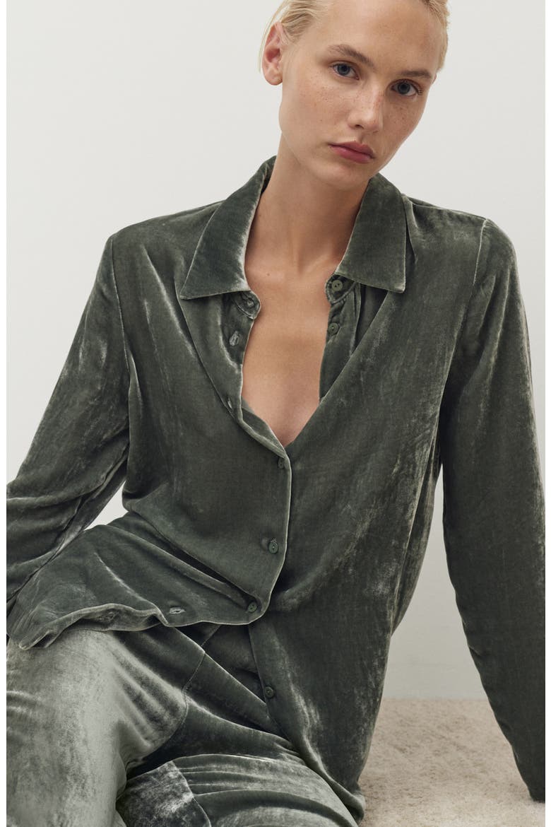Velvet Button-Up Shirt, Alternate, color, GREEN