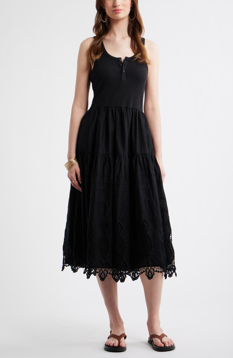Treasure & Bond Embroidered Mixed Media Henley Tank Dress, Main, color, Black
