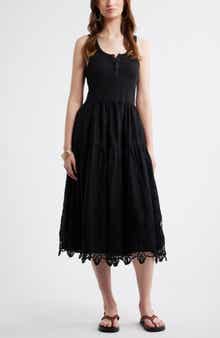 Embroidered Mixed Media Henley Tank Dress