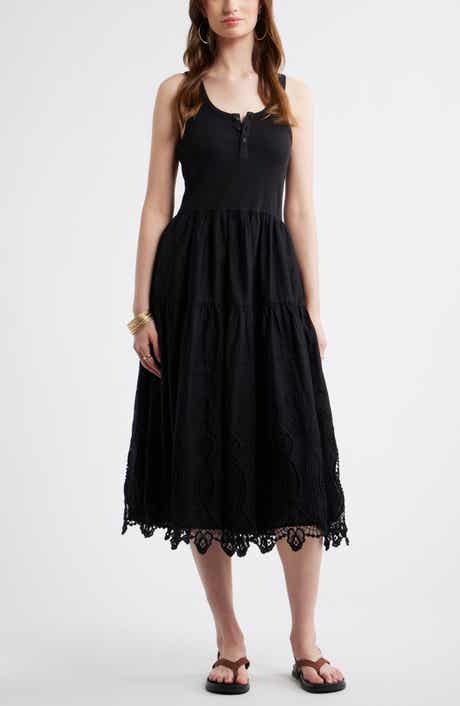Embroidered Mixed Media Henley Tank Dress