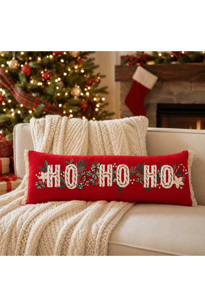 Embellished HO Botanical Fringed Christmas Lumbar Throw Pillow 30" x 10", Alternate, color, Red