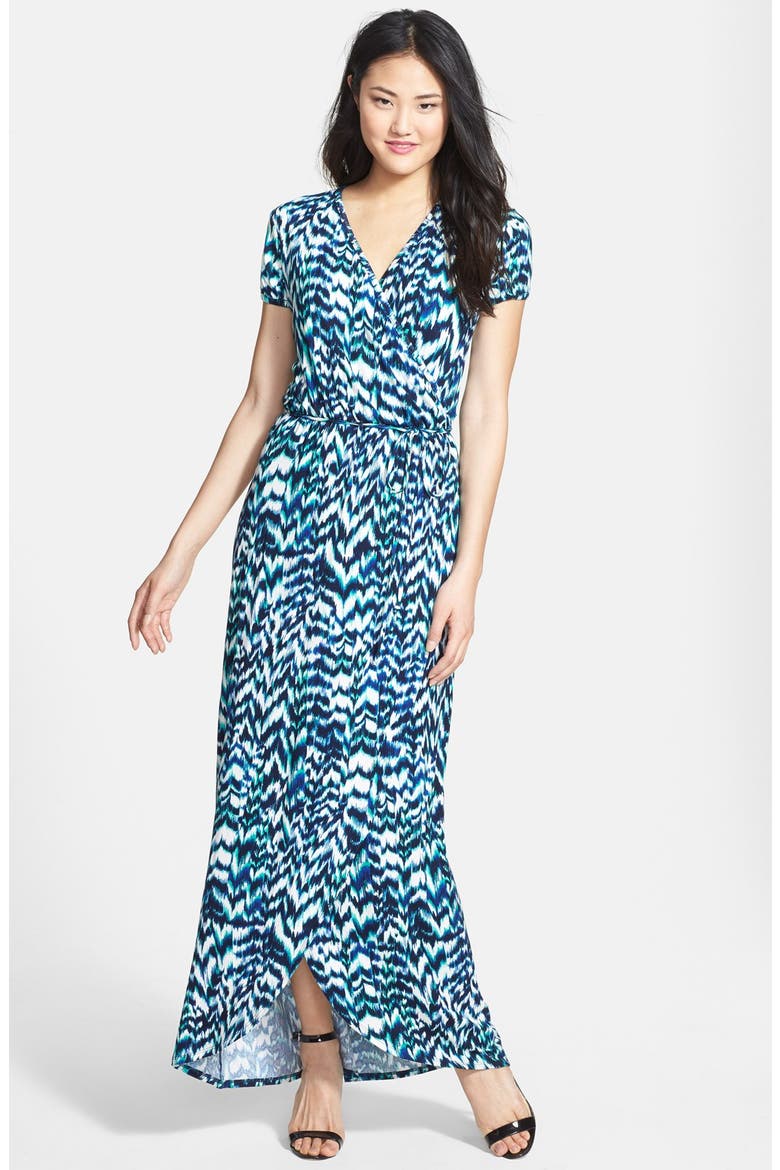 Cap Sleeve Faux Wrap Jersey Maxi Dress, Main, color, BLACK/ TURQUOISE PRINT