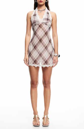 LIONESS Stars Align Plaid Lace Trim Halter Minidress