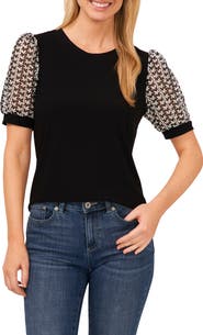 CeCe Lace Puff Sleeve Mix Media Top
