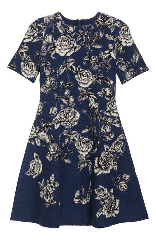 Oscar De La Renta Rose Jacquard Fit & Flare Dress In White/indigo