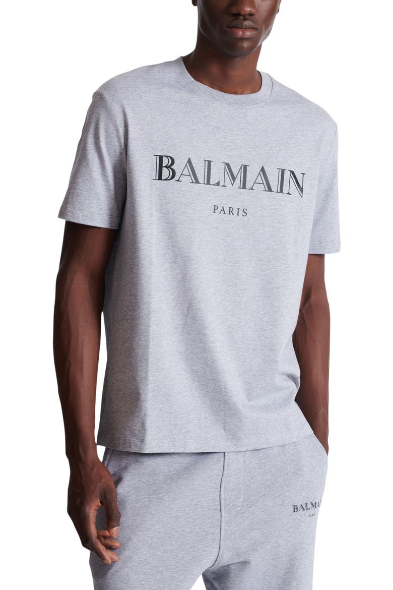 T-Shirt with Balmain Print, Alternate, color, grey