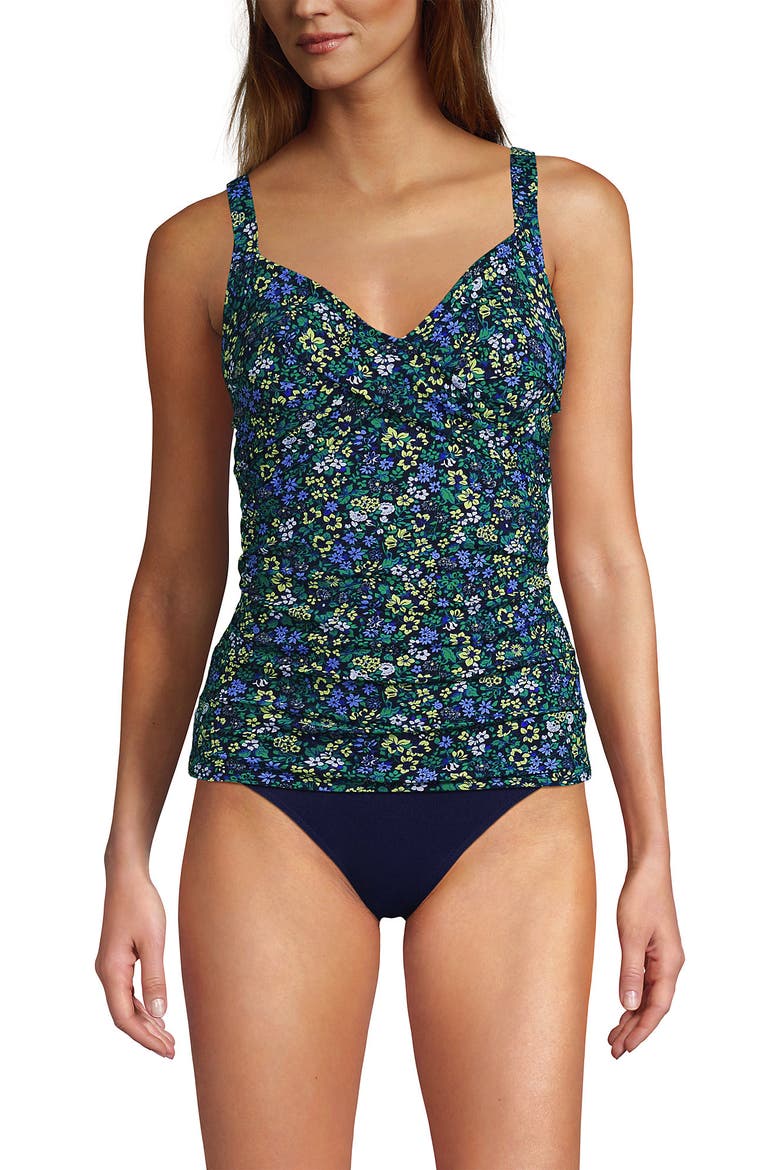 D-Cup V-Neck Wrap Underwire Tankini Swimsuit Top, Main, color, Deep Sea/White Media Stripes