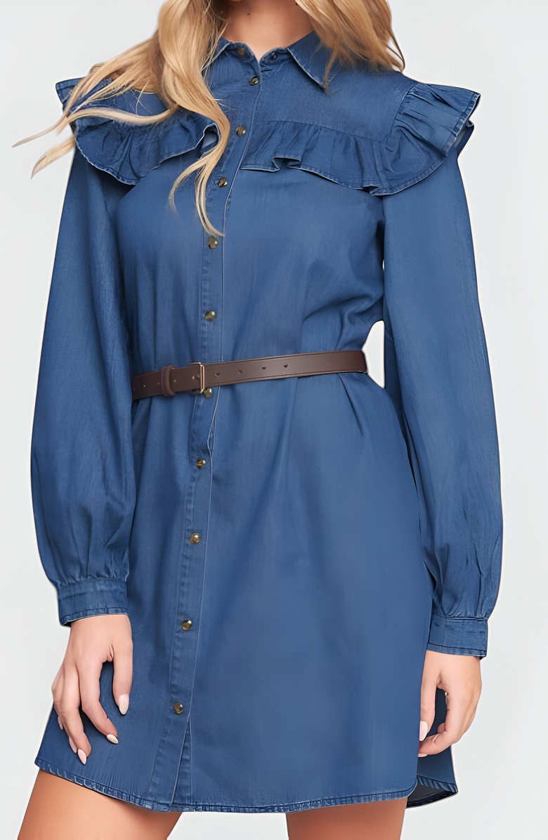 Modenaire Button-Front Denim Shirt Dress with Ruffle Yoke, Alternate, color, Blue