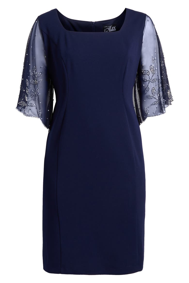 Beaded Sleeve Stretch Crepe Cocktail Sheath Dress, Alternate, color, NAVY