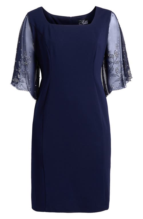 ALEX EVENINGS ALEX EVENINGS BEADED SLEEVE STRETCH CREPE COCKTAIL SHEATH DRESS