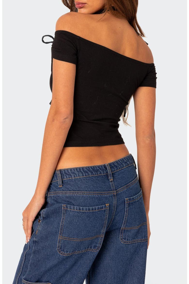 Jess Tie Sleeve Off the Shoulder Crop Top, Alternate, color, BLACK