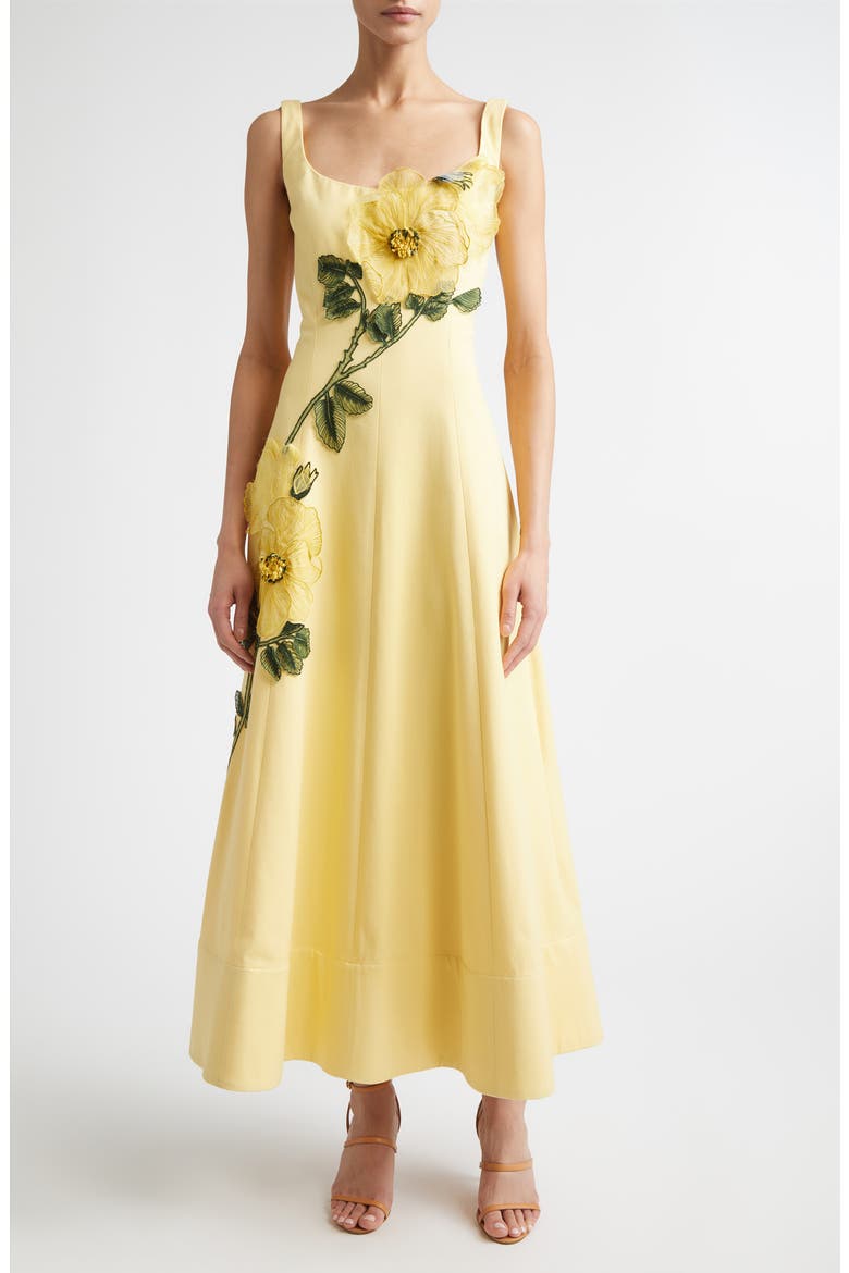 Peony Embroidered Appliqué Stretch Sateen Dress, Main, color, BUTTER/YELLOW
