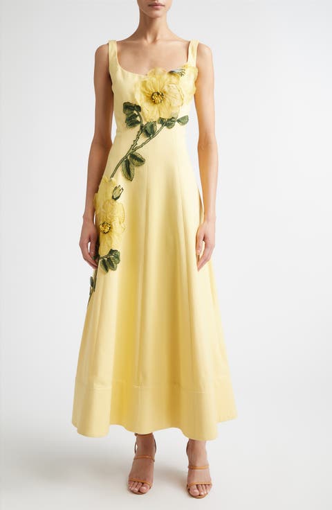Peony Embroidered Appliqué Stretch Sateen Dress