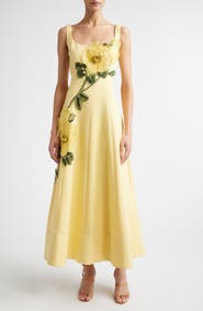 Lela Rose Peony Embroidered Appliqué Stretch Sateen Dress