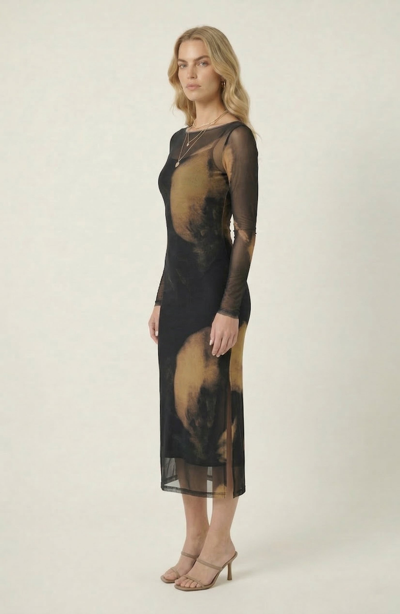 Modenaire Mesh Overlay Layered Set Midi Dress, Alternate, color, Black