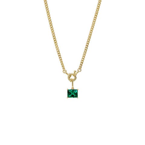 Colored CZ Emerald Charm Cuban Toggle Necklace