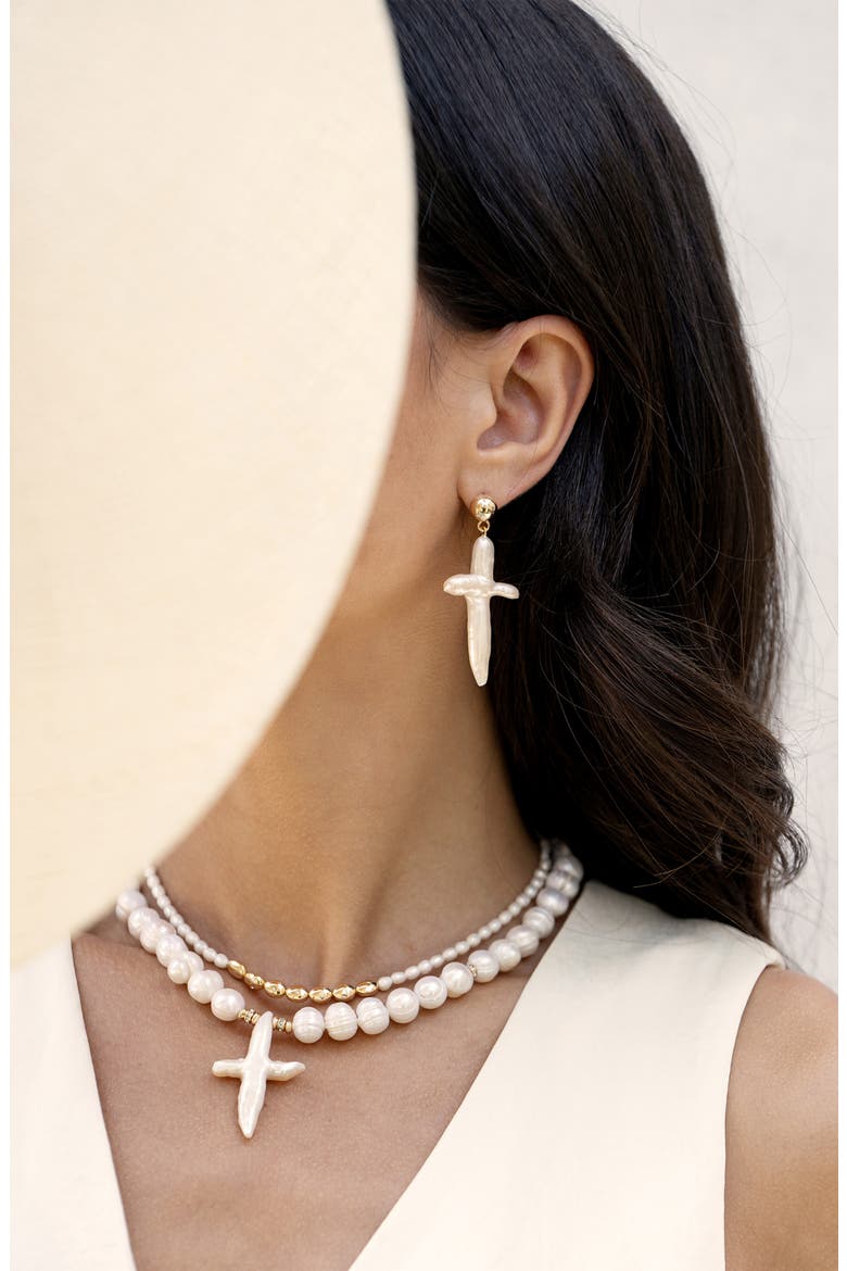 Freshwater Pearl Cross Drop Earrings, Alternate, color, GOLD