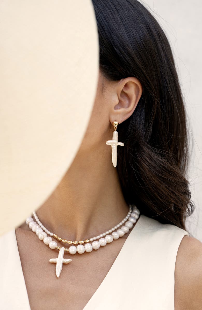 Ettika Freshwater Pearl Cross Drop Earrings, Alternate, color, Gold