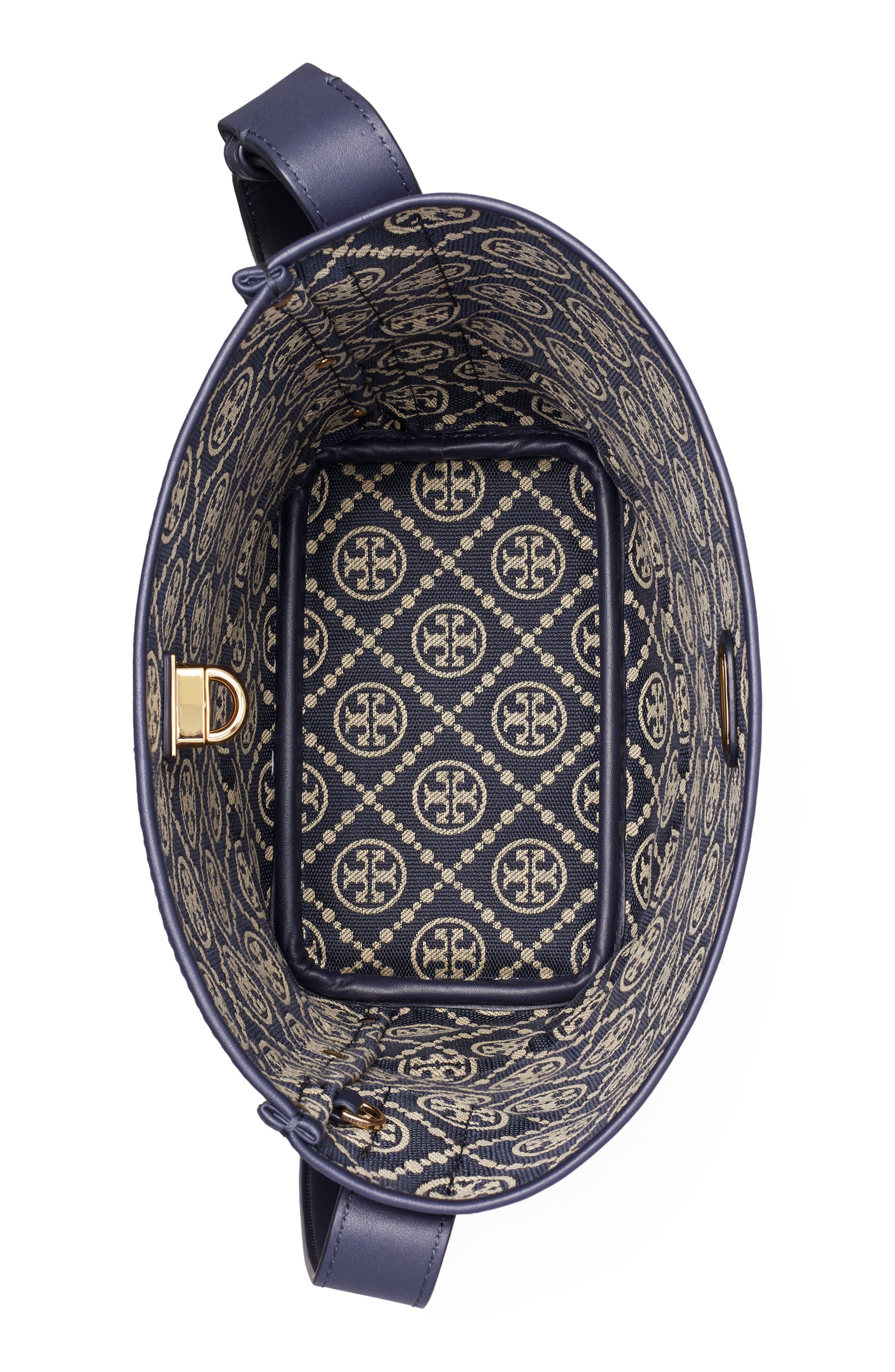 Tory Burch Medium Lock T Monogram Bucket Bag, Alternate, color, Tory Navy