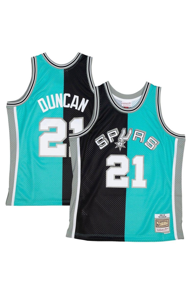 Mitchell & Ness Men's Mitchell & Ness Tim Duncan Black/Teal San Antonio Spurs Big & Tall Hardwood Classics 1998/99 Split Swingman Jersey, Alternate, color, Black