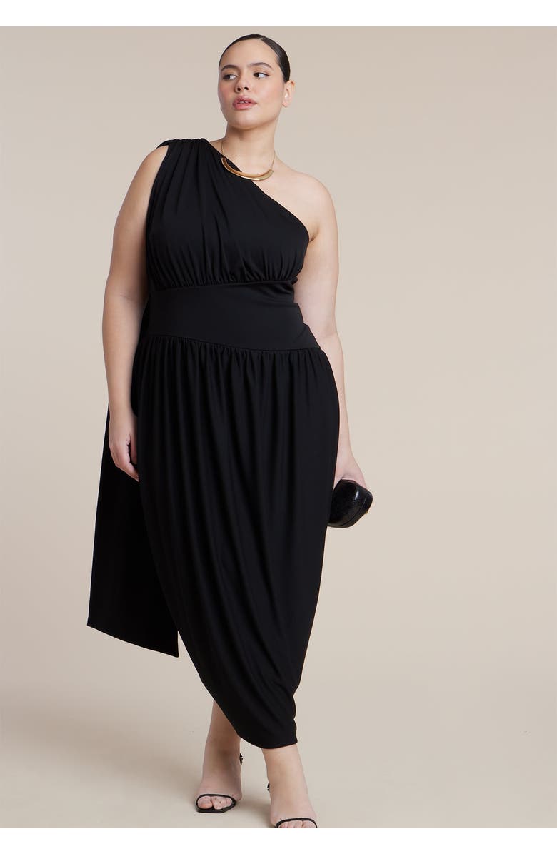 ELOQUII One-Shoulder Draped Maxi Dress, Main, color, Black Onyx