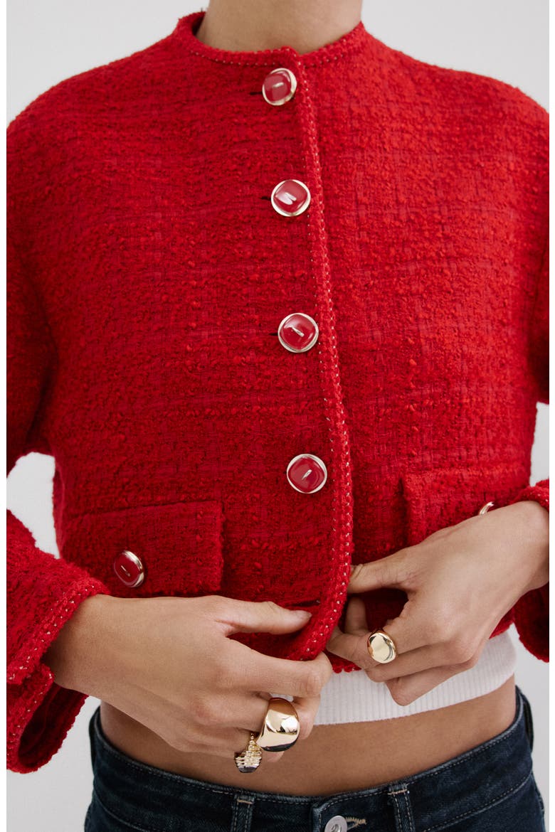 Jewel Button Tweed Jacket, Alternate, color, RED