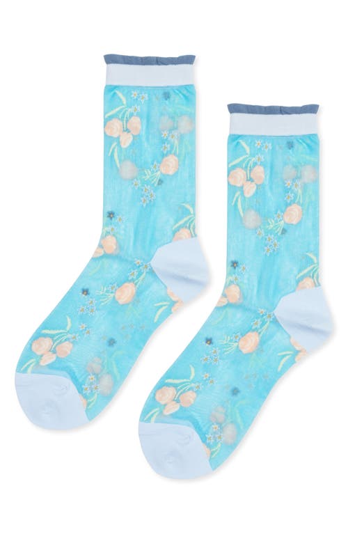 Hansel From Basel Wanda Floral Sheer Crew Socks In Blue