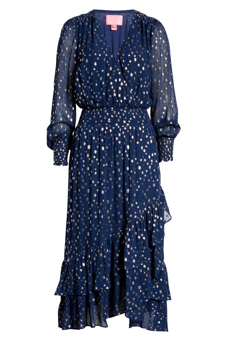 Cristiana Long Sleeve Chiffon Midi Dress, Alternate, color, LOW TIDE NAVY VISCOSE METALLIC